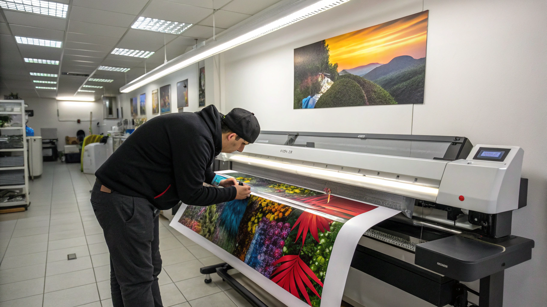 Inspection of a fine art landscape print in a studio