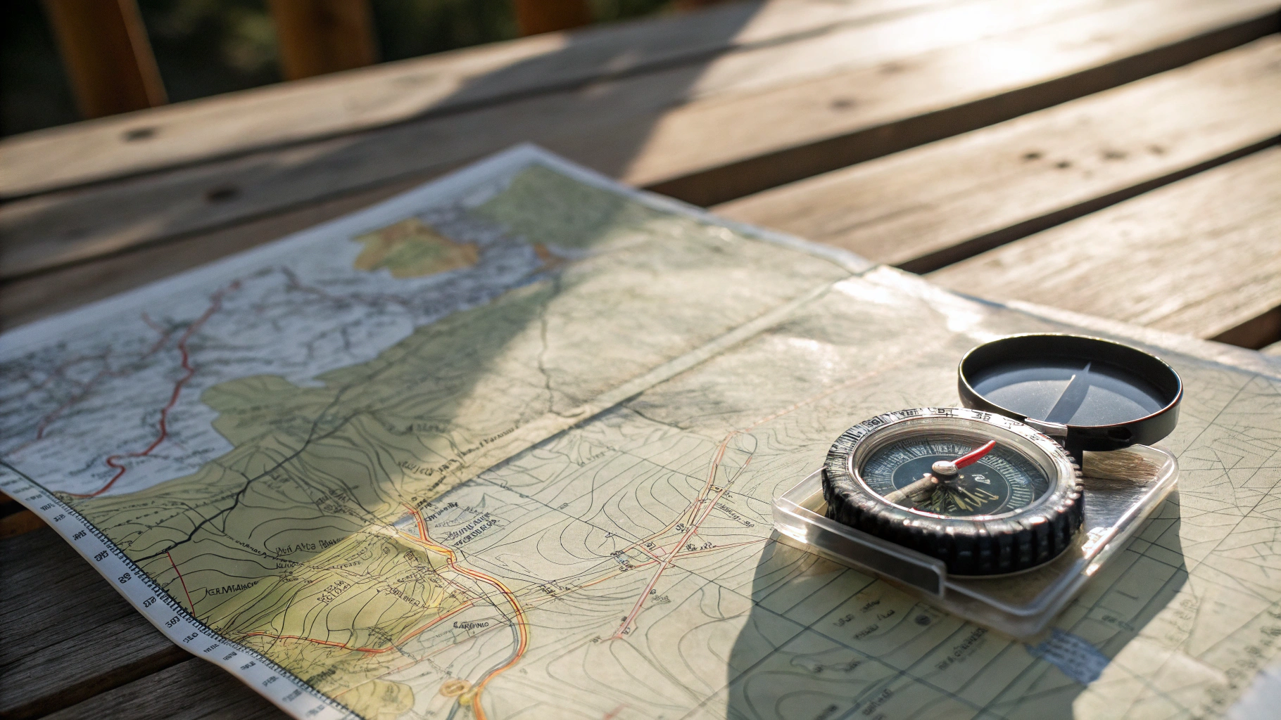 Topographic map and compass used for planning landscape photography