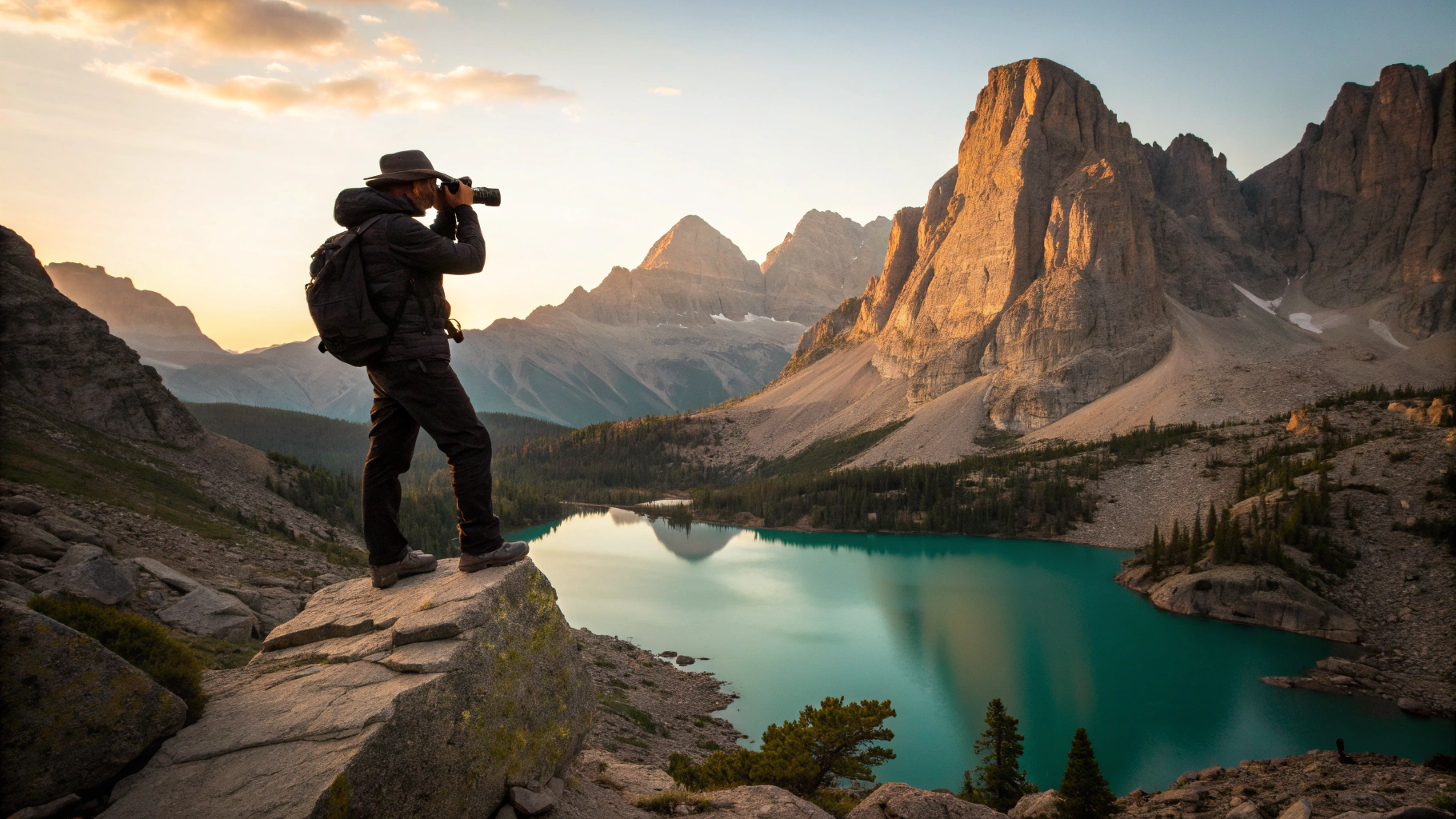 Photographer setting up a tripod in a remote mountain landscape