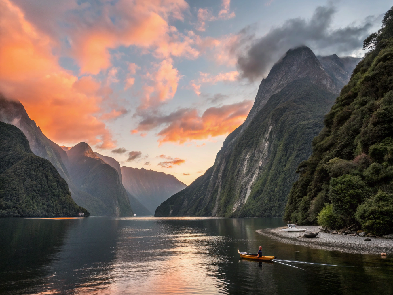 Mitre Peak reflected in still fjord waters during pink dawn mist